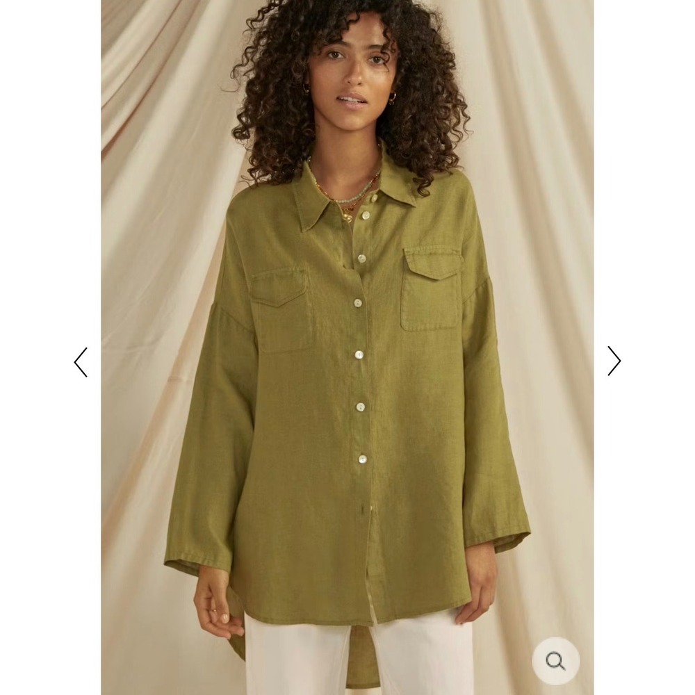 Wrap London Women Olive Green 100% Linen Button Down High Low Shirt ZR99 US 8